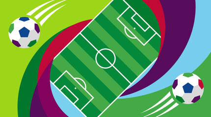 Vibrant illustration of a soccer field with balls in motion on a dynamic colorful background. © Fendi