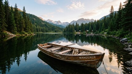 Obraz premium Rustic wooden rowboat named Wanderer floating on calm mountain lake with perfect reflections, surrounded by dense pine forest and snow-capped peaks at golden hour