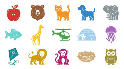 Obraz premium Early Childhood Education Flat Glyphs: Colorful Animals and Objects for Kids Learning Alphabet Vocabulary