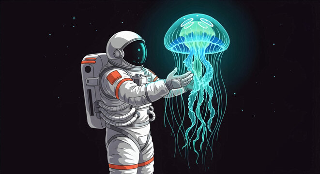 Astronaut holding a glowing jellyfish in outer space.