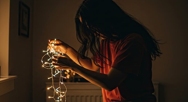 Dark-haired Woman Holding Warm Fairy Lights in Dim Room