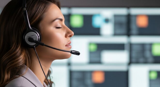 Close-up of a calm, attentive female customer service agent wearing a headset with microphone, eyes