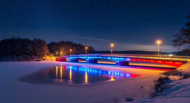 Illuminated Bridge Over Snowy River at Night with Colorful Lights.