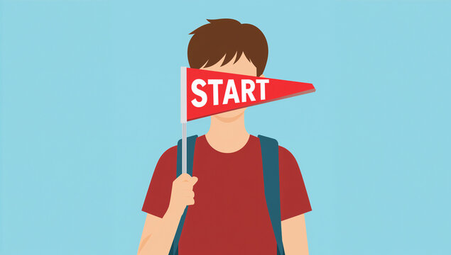 始まりを告げるSTARTフラッグを掲げて顔を隠す、フラットデザインの男子学生