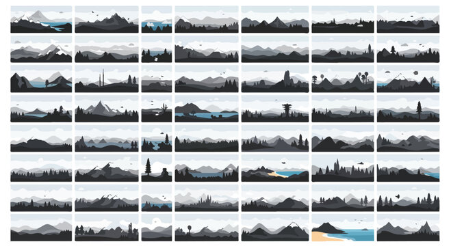 Minimalist mountain landscape silhouettes, set of 56 nature scenery banners, monochrome outdoor wilderness vector backgrounds for web headers