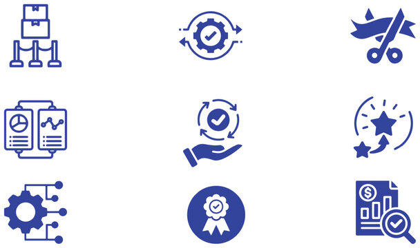  Business management  and finance line icon set with exhibition, grand opening, data comparison, financial review, certification, and transformation