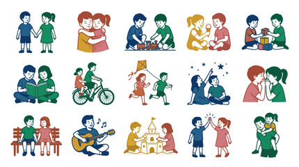 Fototapeta premium Happy Children Playing, Learning, and Friendships Flat Line Art Vector Illustrations Set