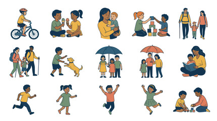 Fototapeta premium Diverse People Family Kids Activities Outdoors Nature Sports Education Flat Vector Icons