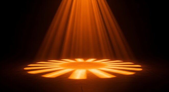 Illuminated Stage with Bright Orange Light Beams and Circular Pattern for Performance Show.