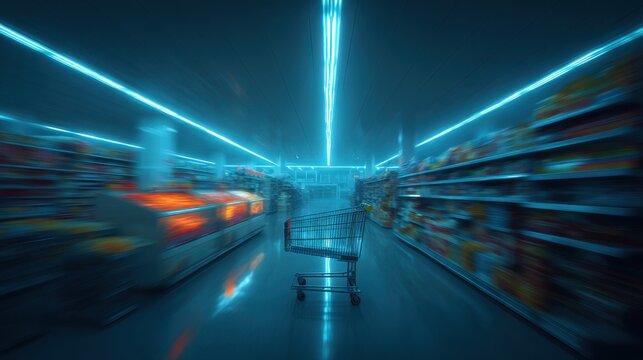 A solitary shopping cart in a motion-blurred, neon-lit supermarket aisle. Represents retail or inflation.