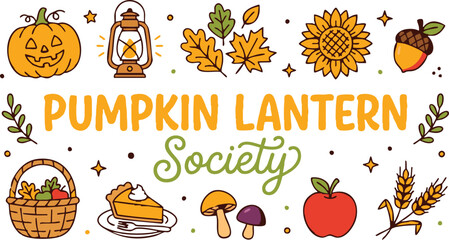 Fototapeta premium Autumn harvest illustration with pumpkins lanterns and fall foliage