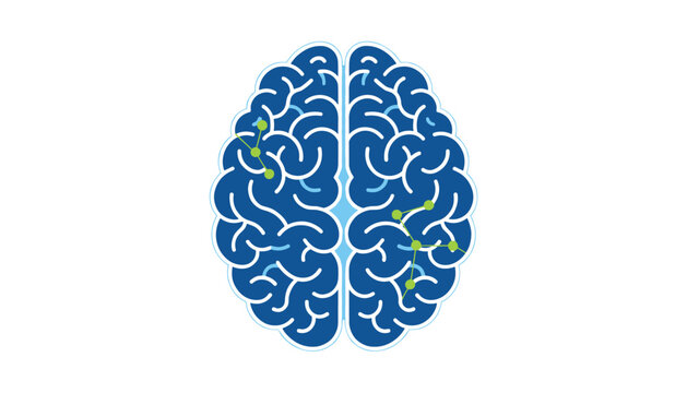 Graphic illustration of a blue human brain featuring green glowing neural connections on a clean white background.