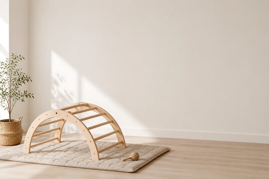 A minimalist nursery room with a wooden arch climber, a soft play mat, a small potted plant, and a wooden rattle on a light wooden floor