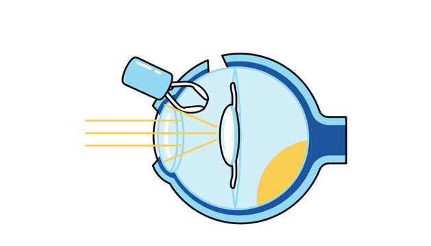 Medical anatomy diagram demonstrating cataract eye surgery or lens replacement procedure with medical instruments.