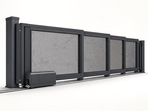 A modern dark grey sliding gate with mesh panels and an integrated motor, designed for residential driveway security, isolated on white