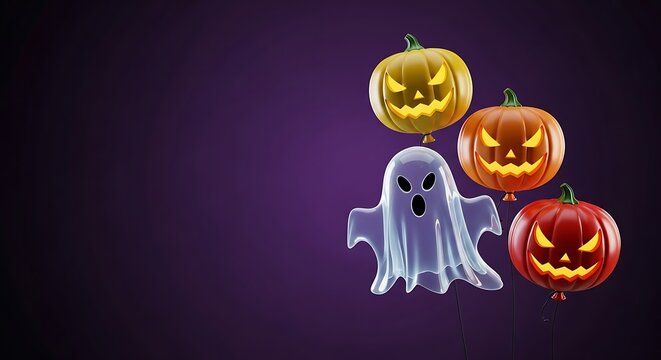 Halloween balloons with jack o lantern faces and a floating ghost over dark purple background, 3d rendered image for party decoration and celebration.