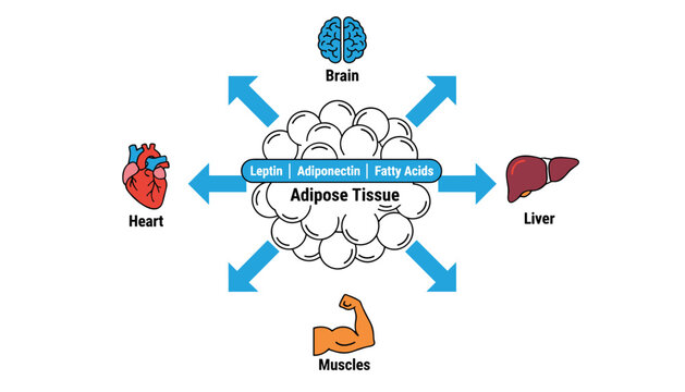 Infographic diagram showing how adipose tissue releases leptin and fatty acids to target organs like the brain and heart.