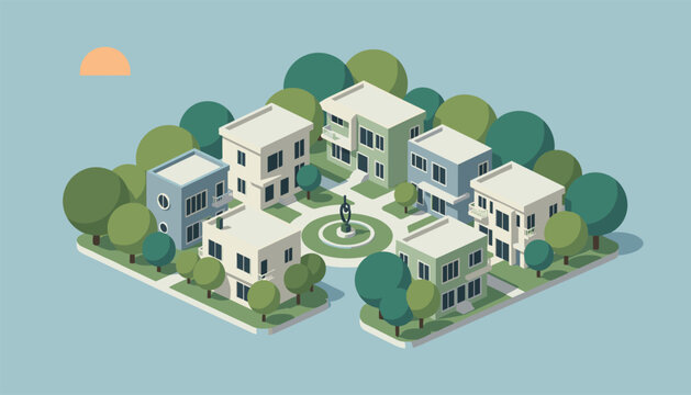 Isometric illustration of a modern suburban neighborhood with white modular homes, green yards, and leafy trees.