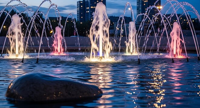 Illuminated water fountain display in a city park at twilight.