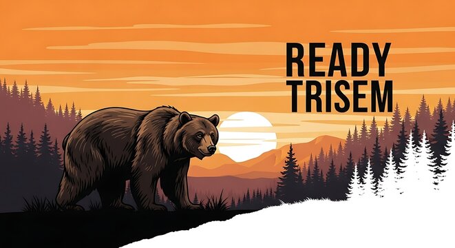 Illustrated Brown Bear in Snowy Forest at Sunset with Bold Text.