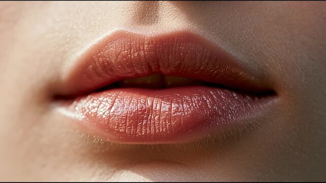 Soft pink lips glisten under warm light