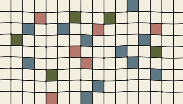 Hand-drawn seamless grid pattern featuring randomly colored squares in red, green, and blue on a beige backdrop.