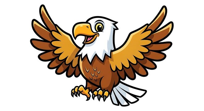 Illustrated Cartoon Bald Eagle Spreading Wings Majestically.