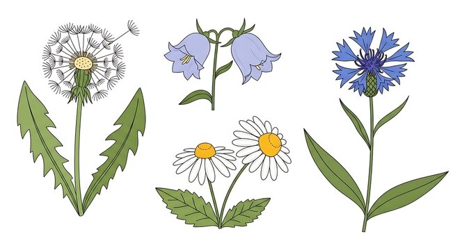 Illustrated Wildflowers - Dandelion, Bluebells, Daisy, and Cornflower.