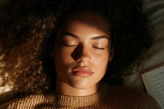 Serene face illuminated by soft light, eyes closed in peaceful meditation, embracing calmness