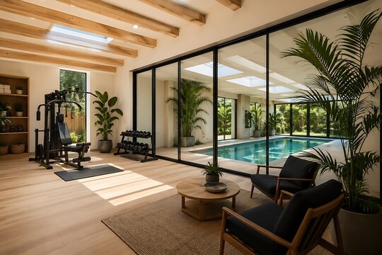 Spacious home gym and lounge area with wooden ceiling beams, large glass walls, and a view of an outdoor swimming pool and lush greenery