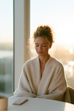 Soft sunlight streams through window, illuminating serene woman wrapped in warmth, reflecting calmness and peace