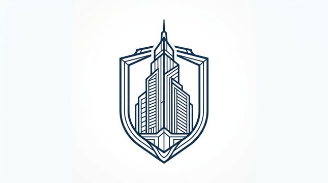 Abstract skyscraper building silhouette inside protective shield badge for security logo.