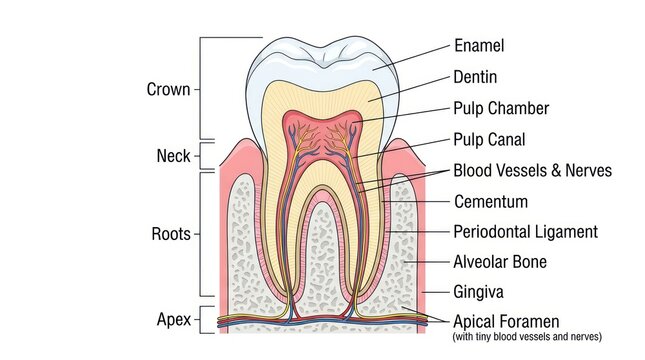 Cross section anatomy of human tooth showing crown neck and roots with pulp chamber details.