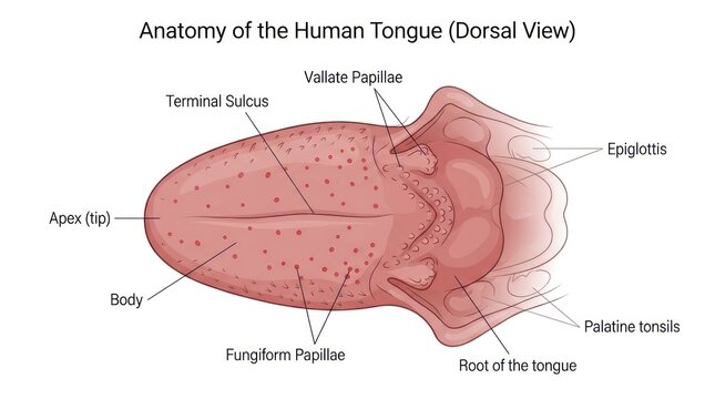 Diagram of human tongue anatomy showing dorsal view with terminal sulcus and palatine tonsils.