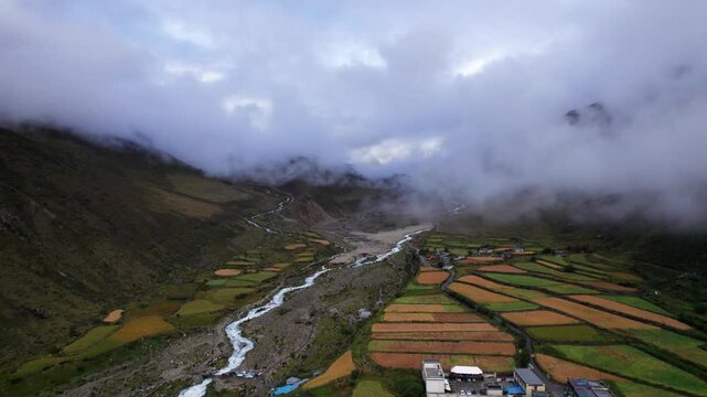 Drone view of Cuoyu village in Mount Kula Kangri, colorful farm field and white stream in valley with snow capped mountain background. 4k real time footage travel concept b roll shot.