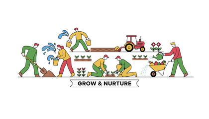 Fototapeta premium Colorful vector graphic showing various farming and gardening activities under the title grow and nurture.