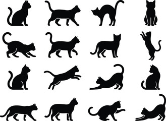 Fototapeta premium Black cat silhouettes collection diverse poses and activities