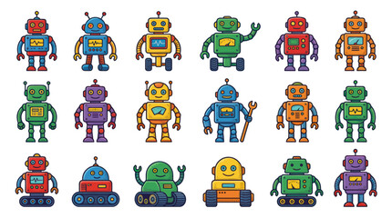 Naklejka premium Cute Technology Robots Flat Cartoon Vector Illustration Collection for Science, Automation, and Kids