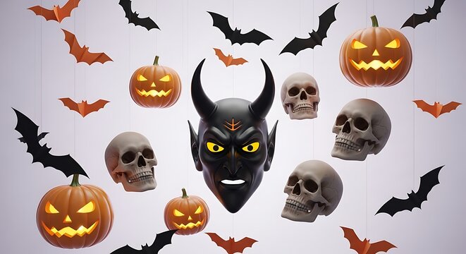 Halloween devil mask hanging with pumpkins skulls and bats decorations on white background