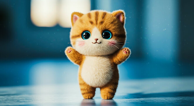 Charming fluffy ginger and white cartoon kitten with big blue eyes and a friendly smile