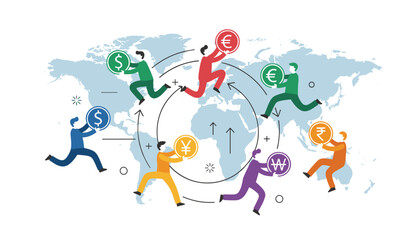 Fototapeta premium Group of diverse people running around the globe holding international currency symbols representing global money transfer.