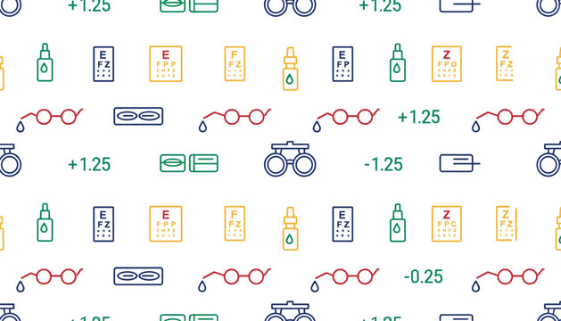 Seamless pattern featuring ophthalmology icons such as spectacles, vision testing charts, and eye drops on white background.