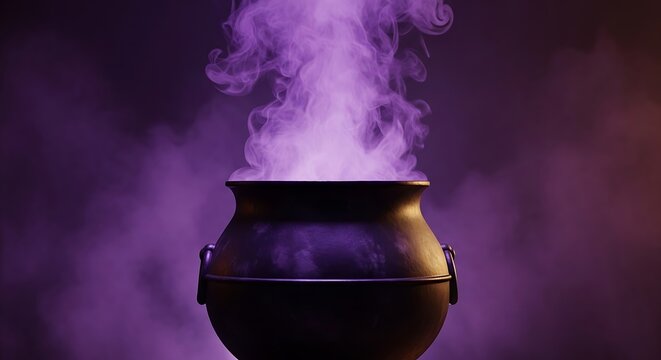 Witch cauldron with purple smoke boiling on dark background