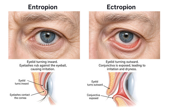 Medical Illustration Comparing Entropion and Ectropion of the Lower Eyelid