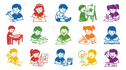 Obraz premium Diverse Happy Children Drawing, Painting, and Learning in Colorful Line Art Style - Childhood Education Vector Illustration
