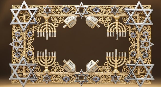 Jewish Hanukkah Celebration Decor with Star of David Motifs and Golden Ornaments.