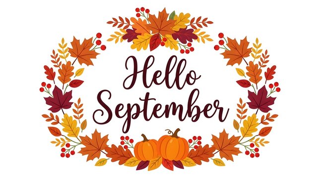 Vibrant fall wreath with hello september greeting