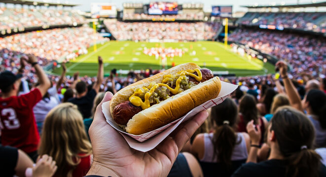 Fan holds a classic hot dog with mustard and relish, cheering at a vibrant stadium sports game.