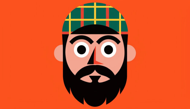 Cartoon man face, bearded guy, plaid hat, vector illustration, orange background