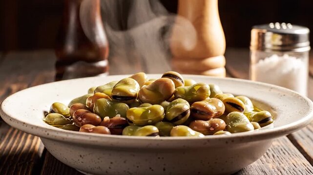 Steaming bowl of fresh cooked fava beans served on a rustic wooden table